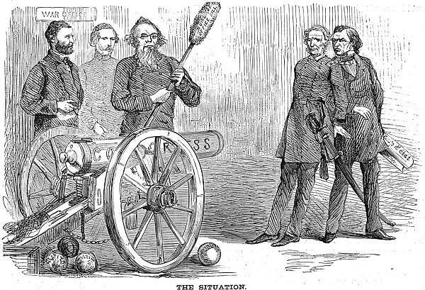 Seventeenth President of the United States. General Ulysses S. Grant looks on while Secretary of War Edwin Stanton prepares to load and fire a congressional cannon against his designated successor, Lorenzo Thomas, and President Andrew Johnson (far right). American newspaper cartoon, 1868