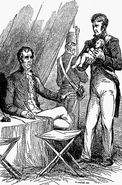 Seventh President of the United States. An interpreter presents Lyncoya, an orphaned Creek Indian, to General Jackson (seated) after the Battle of Horseshoe Bend (in present-day Alabama), 27 March 1814; Jackson adopted the child, who later died of tuberculosis in 1828. Drawing, 19th century