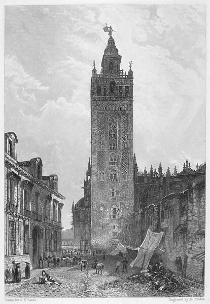 SEVILLE: THE GIRALDA. View of the Giralda at the Cathedral of Seville, Spain. Steel engraving, English, 1833