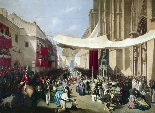 SEVILLE: PROCESSION, 1858. Procession of the Corpus Christi, Seville, Spain. Oil on canvas