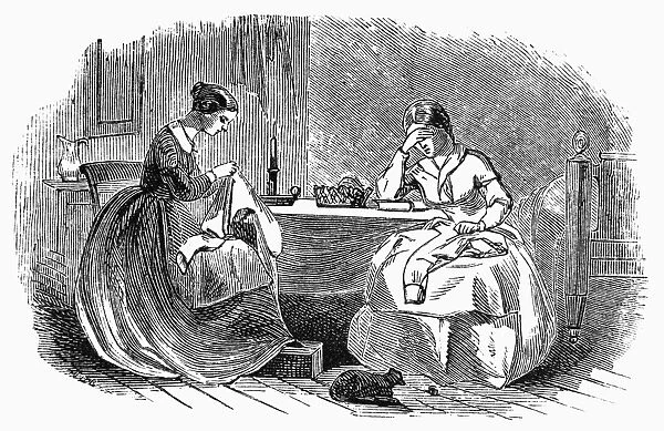 SEWING, 19th CENTURY. Sewing by hand by candlelight. Wood engraving, American, mid 19th century