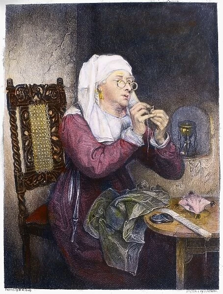SEWING, 19th CENTURY. Threading the Needle. Steel engraving, English, 19th century, after a painting by Michael William Sharp