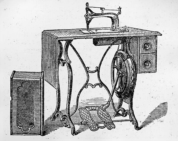 SEWING MACHINE. The Weed Family Favorite sewing machine. Engraving from Montgomery Ward catalog, 19th century