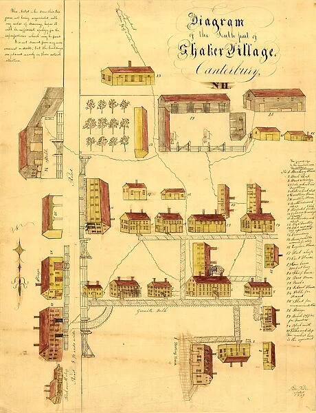 SHAKER VILLAGE MAP, 1849. Diagram of the South part of Shaker Village in Canterbury