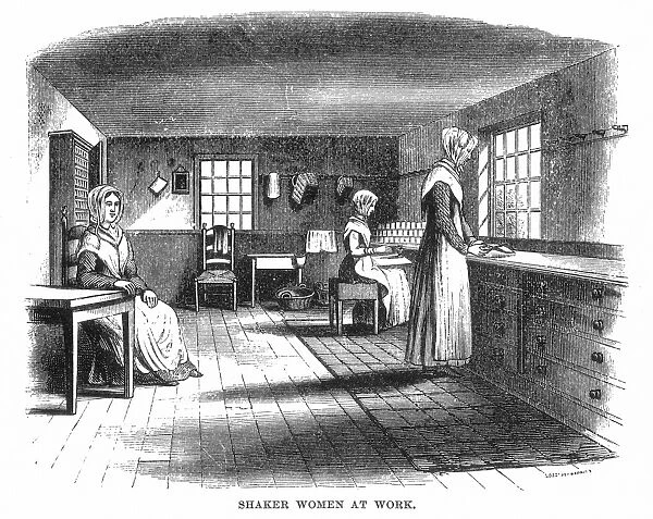SHAKER WOMEN AT WORK 1875. Wood engraving, 1875