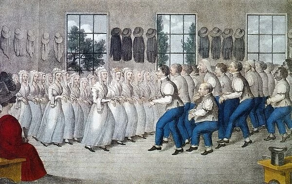SHAKERS MEETING, c1840. Shakers at New Lebanon, New York. Lithograph, c1840 by Nathaniel Currier