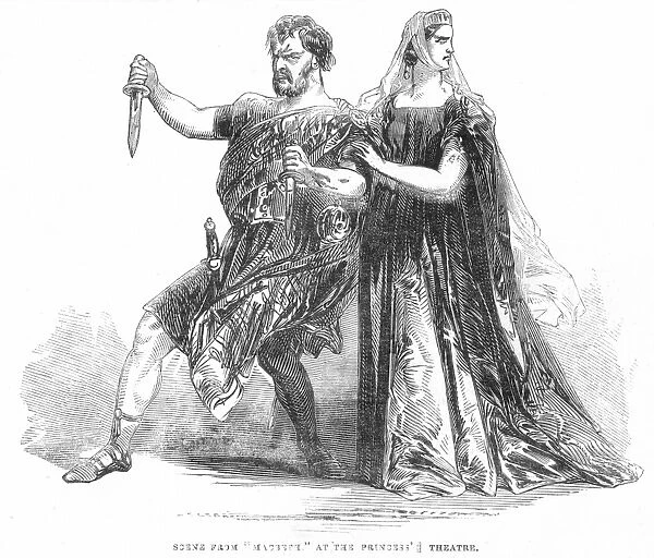 SHAKESPEARE: MACBETH, 1845. American actors Edwin Forrest in the title role and Charlotte Saunders Cushman as Lady Macbeth at the Princess Theatre, London, in 1845: contemporary English line engraving