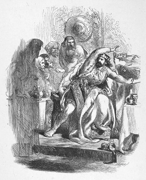 SHAKESPEARE: MACBETH. The ghost of Banquo appears before Macbeth (Act III, scene 4) in William Shakespeares Macbeth. Wood engraving, English, 19th century