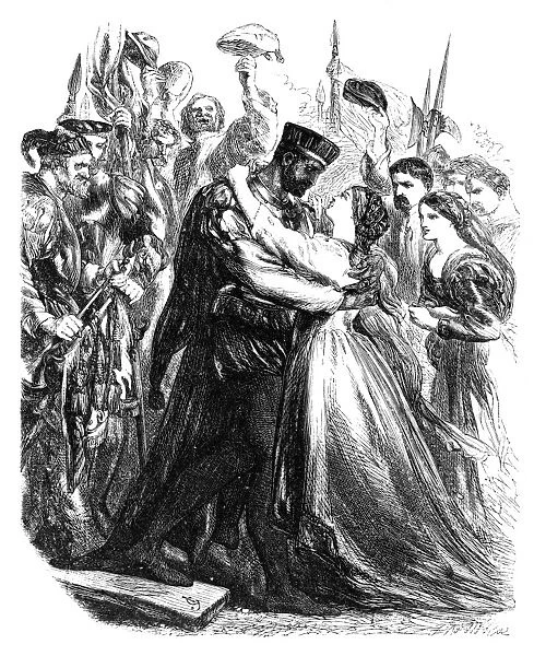 SHAKESPEARE: OTHELLO. Othello and Desdemona in Act II, Scene I of William Shakespeares Othello. Wood engraving, 1881, after Sir John Gilbert