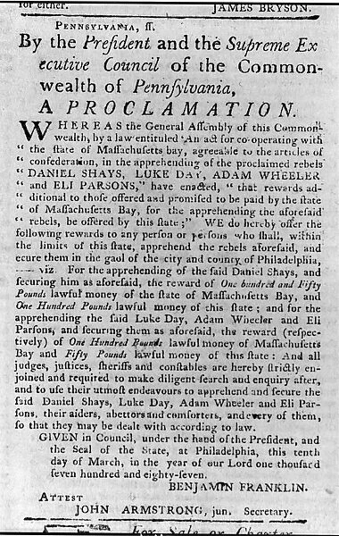SHAYS REBELLION, 1786. Proclamation by the State of Pennsylvania offering a reward