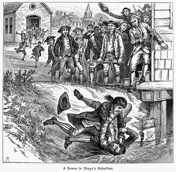 SHAYS REBELLION, 1786. A scuffle by the courthouse at Springfield, Massachusetts, between opposing factions in Shays Rebellion, 1786. Wood engraving, 19th century