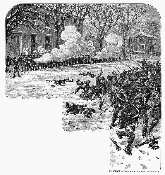 SHAYS REBELLION, 1787. The armed confrontation between Daniel Shays rebels and government troops before the arsenal at Springfield, Massachusetts, on 26 January 1787. Wood engraving, 19th century