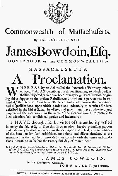 SHAYS REBELLION, 1787. Governor James Bowdoins proclamation of pardon for the