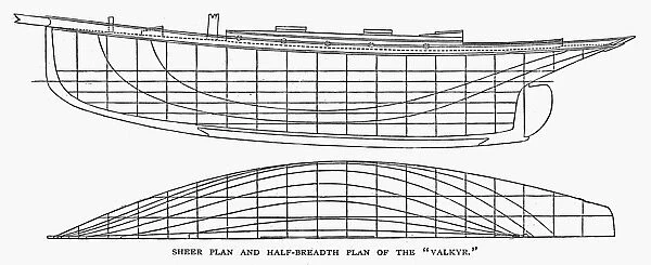 Sheer plan and half-breadth plan of the Valkyr. Line engraving, American, 1882