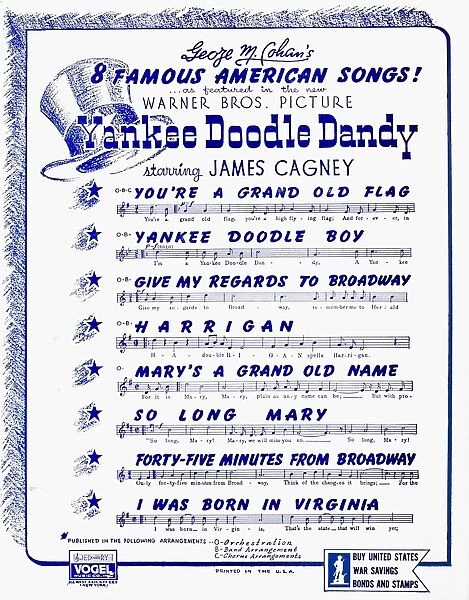 SHEET MUSIC COVER, 1942. Reverse of an American sheet music cover, 1942, for the song Give My Regards to Broadway by George M. Cohan, listing all eight of the Cohan compositons featured in the 1942 motion picture Yankee Doodle Dandy