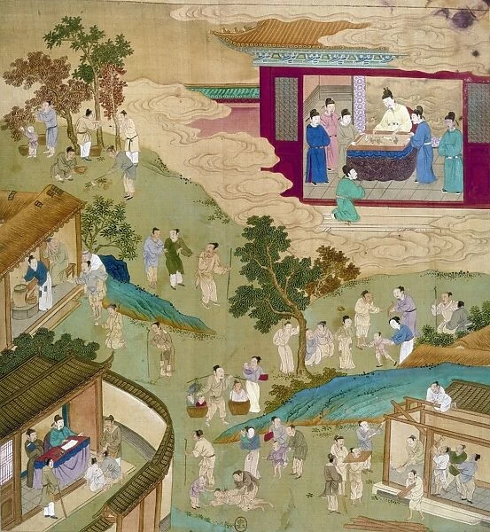 Shen Tsung, Northern Sung emperor of China (1067-1085), looking at a painting (upper right) ordered by one of his ministers that depicted the sufferings of his people during a famine, including the continued payment of tribute to mandarins (lower left). Painted silk scroll by an unidentified artist, probably Sung or Ming Dynasty
