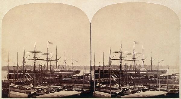 SHIP: GREAT EASTERN, 1859. The iron steamship Great Eastern at the foot of Gansevoort Street, New York City: stereograph view, 1858-59