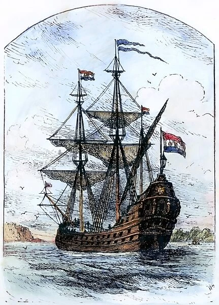 The ship New Netherland, which in 1623 brought the first Dutch settlers to the Hudson River and to Delaware. Wood engraving, American, 1898