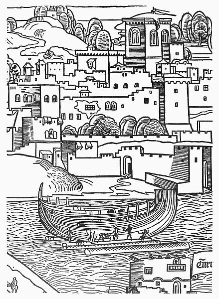 SHIPBUILDING, 1486. The beaming of a ship. Detail of a woodcut, 1486