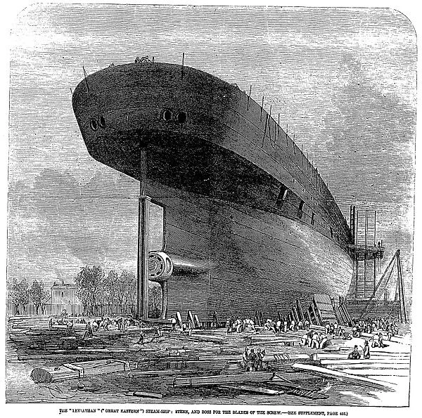 SHIPS: GREAT EASTERN. The Great Eastern (temporarily the Leviathan ) under construction at the shipyard at Blackwall on the Thames. Wood engraving from an English newspaper, 1857
