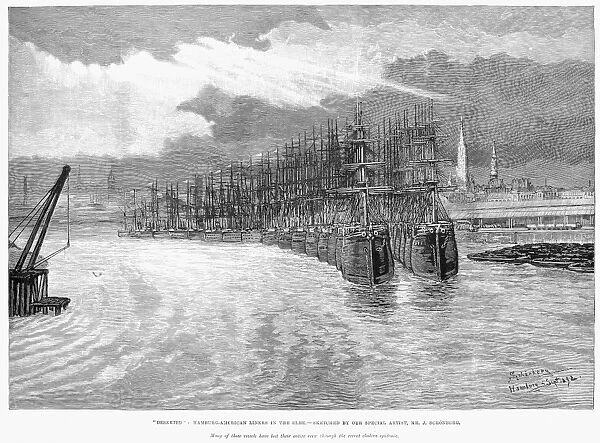 Ships of the Hamburg-America Line quarantined on the Elbe River in the harbor of Hamburg, Germany, during the great cholera epidemic of 1892. Wood engraving from a contemporary English newspaper