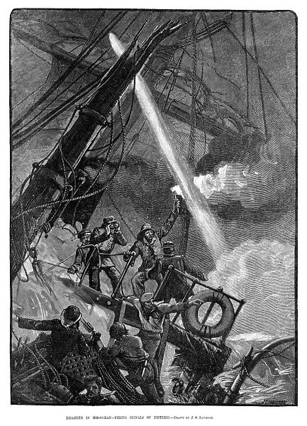 SHIPWRECK, 1881. Disabled in Mid-Ocean - Firing Signals of Distress