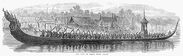 SIAMESE BARGE, 1867. The King of Siams state barge. Wood engraving, English, 1867