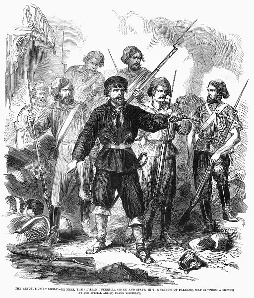 SICILY: GUERRILLAS, 1860. La Masa, the Sicilian guerrilla leader, and his staff, in the streets of Palermo, Italy. Wood engraving, 1860