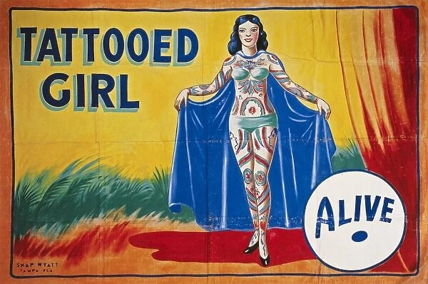 SIDESHOW POSTER, c1955. American sideshow poster featuring a tattooed girl, c1955
