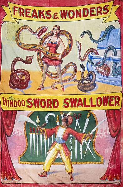 SIDESHOW POSTER, c1975. American sideshow poster featuring a snake charmer and a sword swallower, c1975