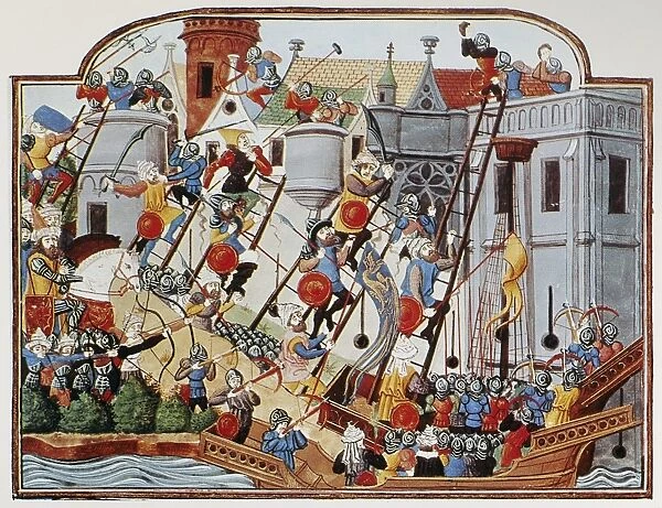 SIEGE, 15th CENTURY. Soldiers scaling the walls of a city during an attack