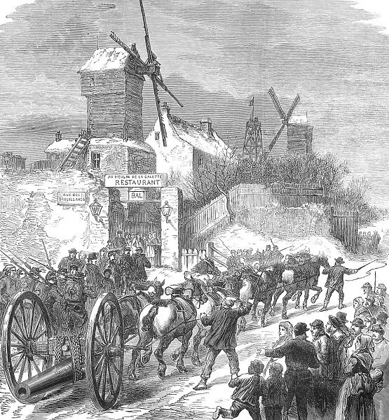SIEGE OF PARIS, 1871. Bringing the ship guns to the buttes of Montmartre during the Prussian attack on Paris, France, January 1871, during the Franco-Prussian War. Wood engraving from a contemporary English newspaper