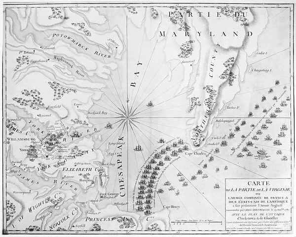 SIEGE OF YORKTOWN, 1781. French map of the coast of Virginia, showing the army of General Cornwallis on the York River with the American and French armies laying siege around it, during the American Revolution, 1781