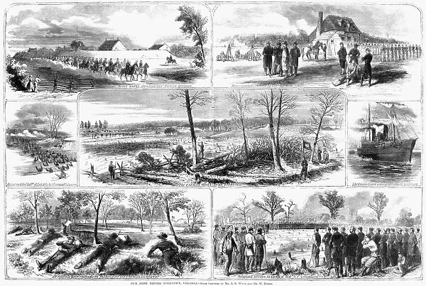 SIEGE OF YORKTOWN, 1862. Our army before Yorktown, Virginia. Wood engravings