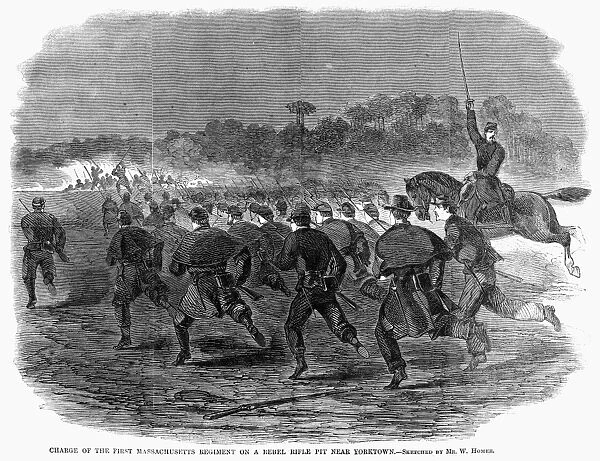 SIEGE OF YORKTOWN, 1862. Charge of the First Massachusetts regiment on a rebel
