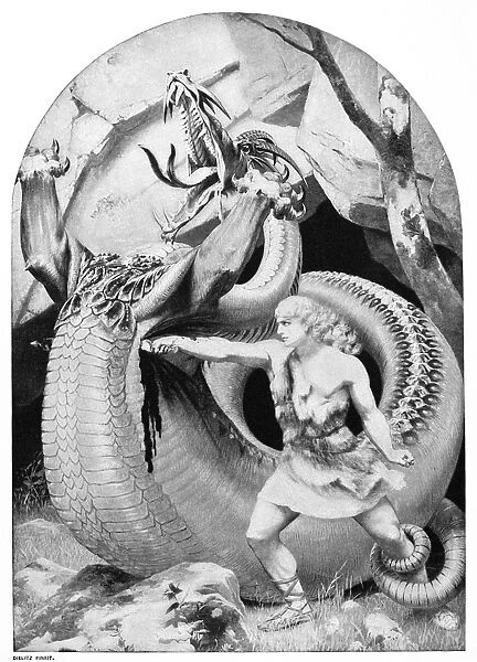 SIEGFRIED SLAYING DRAGON. Photogravure, late 19th century, after a painting by Konrad Dielitz