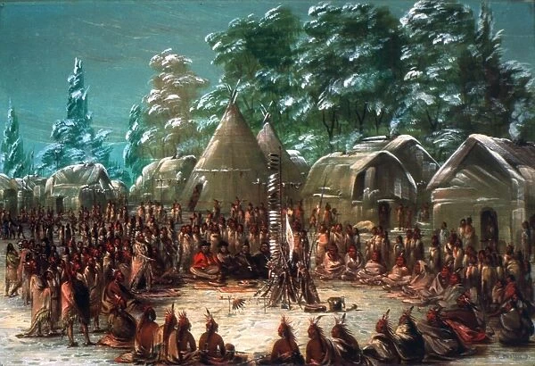 SIEUR DE LA SALLE (1643-1687). French explorer. La Salles party feasting in Illinois Village, 1680: oil on canvas, 1847, by George Catlin