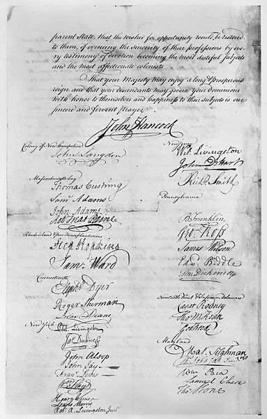 Signature page of the Olive Branch Petition, adopted by the Continental Congress in July 1775, to prevent further conflict with Great Britain. The petition was rejected