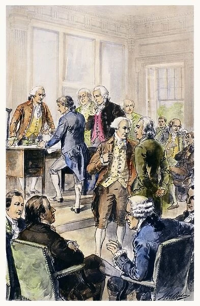 Signing of the Declaration of Independence on 4 July 1776. Drawing by Henry A. Ogden (1856-1936)