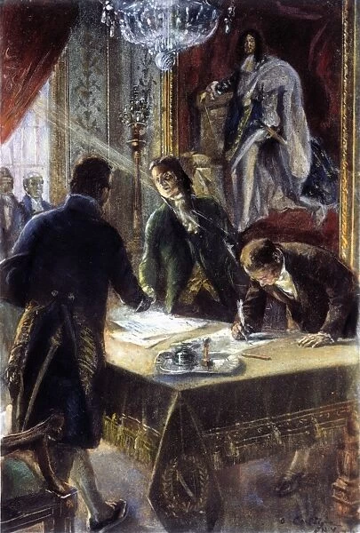 The signing of the purchase by Marquis Francois de Barbe-Marbois, Robert Livingston, and James Monroe in Paris, 30 April 1803. After a painting by Andr