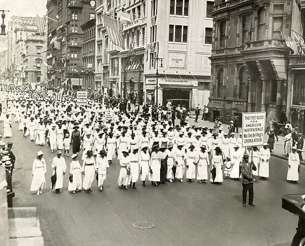 The Silent Protest Parade, sponsored by the National Association for the Advancement of Colored People, marching down New York Citys Fifth Avenue on 28 July 1917 to protest the violence against blacks that had recently taken place in East St. Louis, Illinois