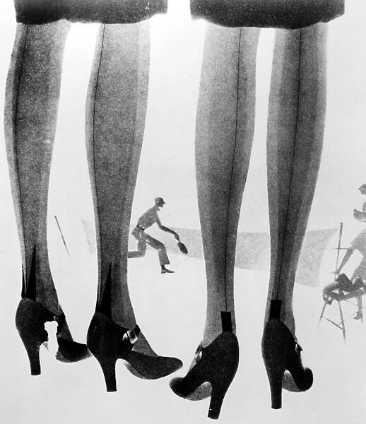 SILK STOCKINGS, 1929. Sheer, seamed silk stockings. Fashion illustration, American