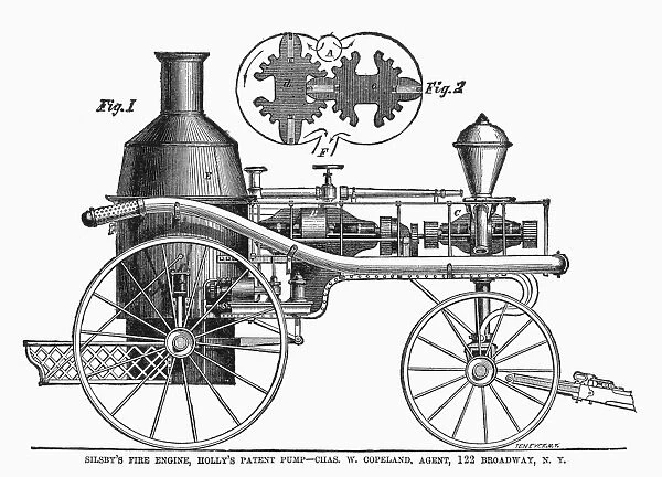 Silsbys Fire Engine, equipped with Hollys Patent Pump. Line engraving, American, c1870