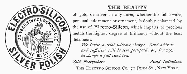 SILVER POLISH AD, 1890. American magazine advertisement for Electro-Silicon Silver Polish, 1890