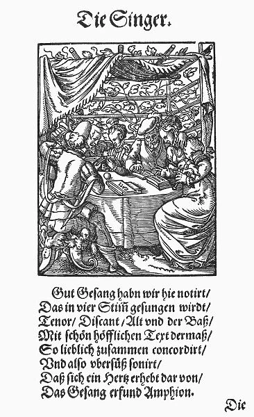 SINGERS, 1568. A group of singers rehearsing a piece from a courtly text. Woodcut