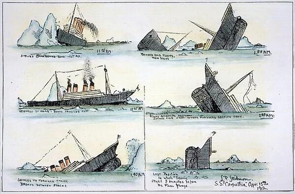 SINKING OF THE TITANIC. On April 14-15, 1912, drawn by John B. Thayer, a survivor, and L. P. Skidmore immediately after the rescue of the survivors