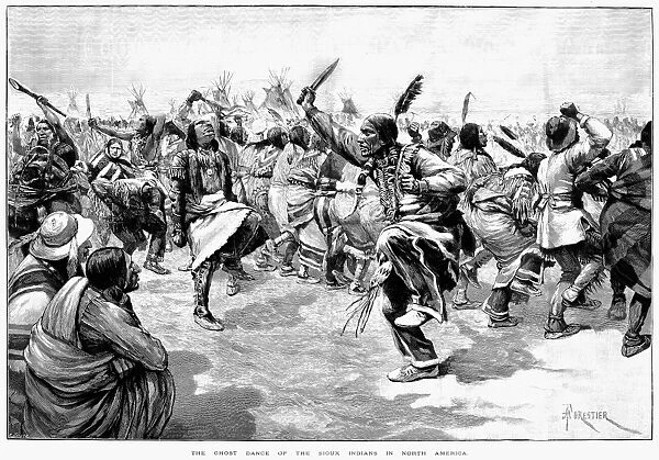 SIOUX GHOST DANCE, 1890. The Ghost Dance of the Sioux Indians in North America. Line engraving, English, after Am