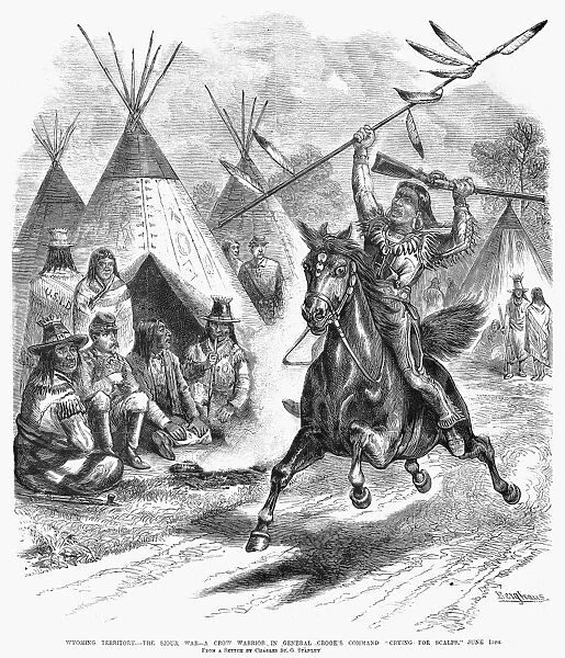 SIOUX WAR, 1876. During General George Crooks Powder River Expedition in Wyoming Territory, a Crow warrior, cries for scalps. Wood engraving, American, 1876