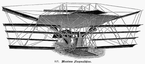 Sir Hiram Maxims steam-driven flying machine, c1894. Line engraving, German