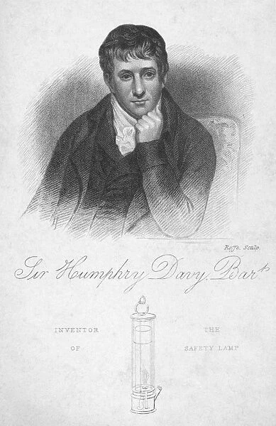 SIR HUMPHRY DAVY (1778-1829). English chemist. Davy with the miners safety lamp he invented in 1815. Stipple engraving, 19th century